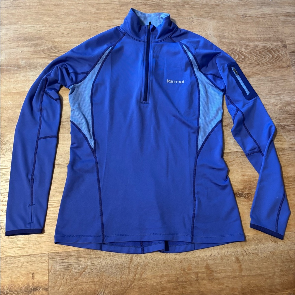 🚩SOLD 🚩Marmot Women's cornflower Blue thumb hole 1/2 zip jacket size Medium - Picture 1 of 8